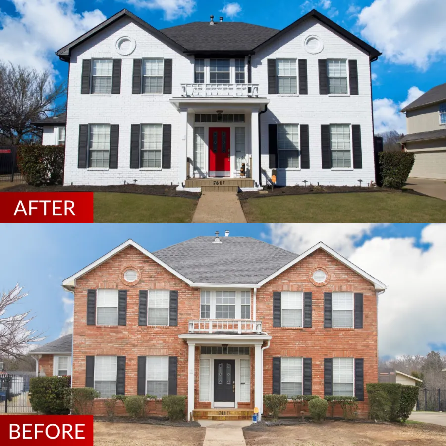 Before and After of House Painting showcasing a two-story brick house transformation.